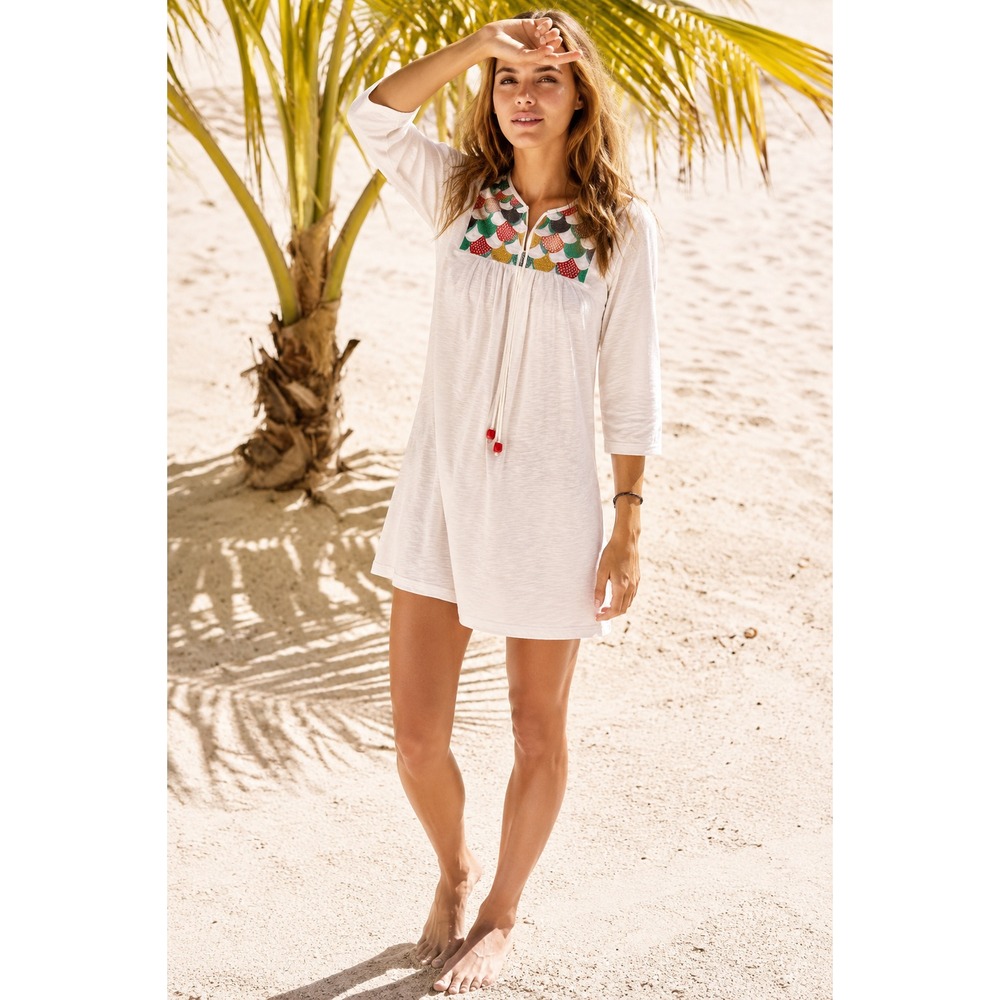 Boden Pullover Embroidered 3/4 Sleeve Tunic Top Women's Size 2 Beaded Tie